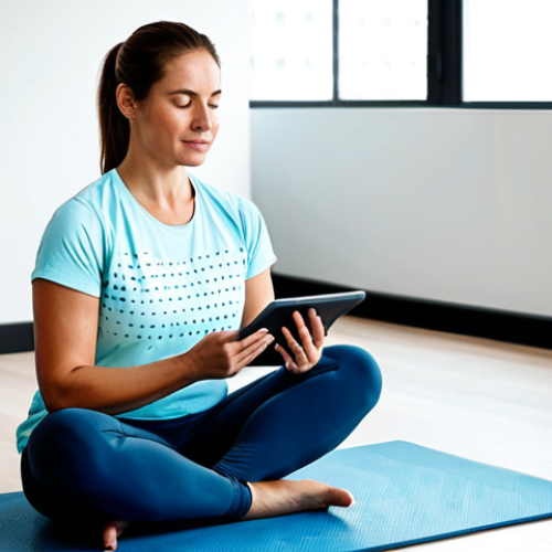 A professional woman in her 30s, with a thoughtful and empowered expression, looking at a tablet showing health data. She is wearing modest, comfortable activewear, a well-fitting t-shirt, and leggings. She is seated on a yoga mat in a clean, bright, modern home living room with soft natural light. A subtle wearable device is visible on her wrist. Professional photography, high resolution, perfect anatomy, correct proportions, natural pose, well-formed hands, proper finger count, natural body proportions, fully clothed, appropriate attire, modest clothing, safe for work, appropriate content, family-friendly.