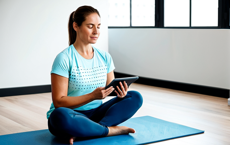 A professional woman in her 30s, with a thoughtful and empowered expression, looking at a tablet showing health data. She is wearing modest, comfortable activewear, a well-fitting t-shirt, and leggings. She is seated on a yoga mat in a clean, bright, modern home living room with soft natural light. A subtle wearable device is visible on her wrist. Professional photography, high resolution, perfect anatomy, correct proportions, natural pose, well-formed hands, proper finger count, natural body proportions, fully clothed, appropriate attire, modest clothing, safe for work, appropriate content, family-friendly.