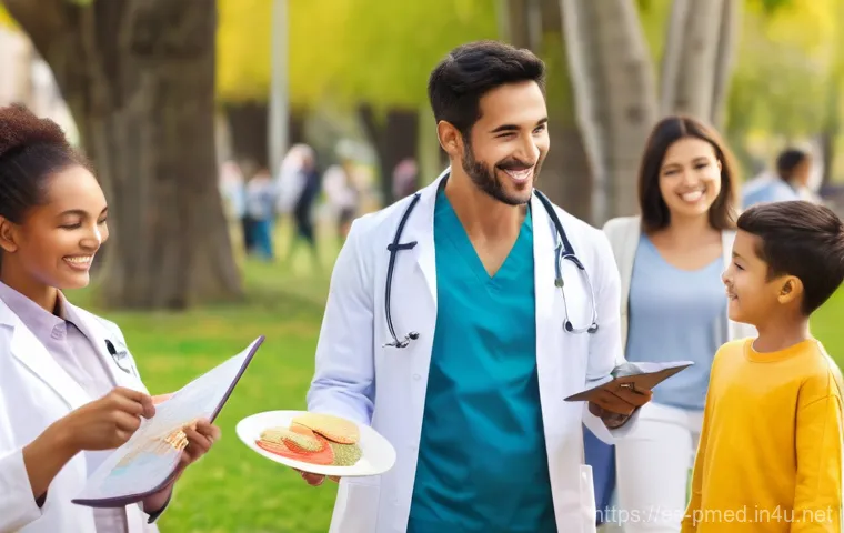 예방의학 전문가 연봉 동향 - **Prompt:** A diverse group of people, including adults and children, engaging in a community health...