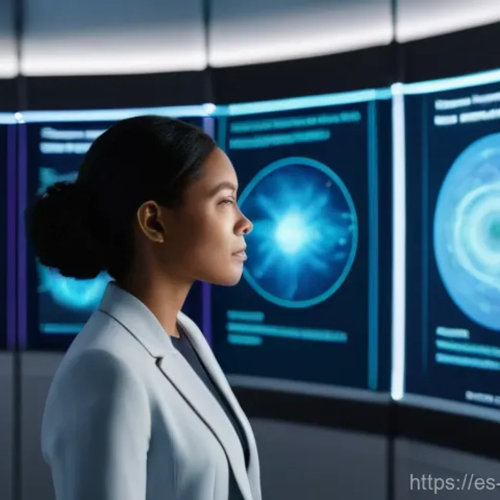 예방의학과 빅데이터 분석 - **Prompt:** "A diverse professional woman in her late 30s stands in a sleek, futuristic personal hea...