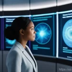 Home 14 예방의학과 빅데이터 분석 - **Prompt:** "A diverse professional woman in her late 30s stands in a sleek, futuristic personal hea...