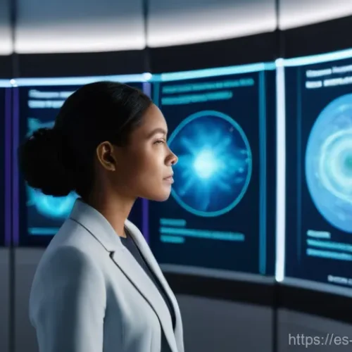 Home 26 예방의학과 빅데이터 분석 - **Prompt:** "A diverse professional woman in her late 30s stands in a sleek, futuristic personal hea...