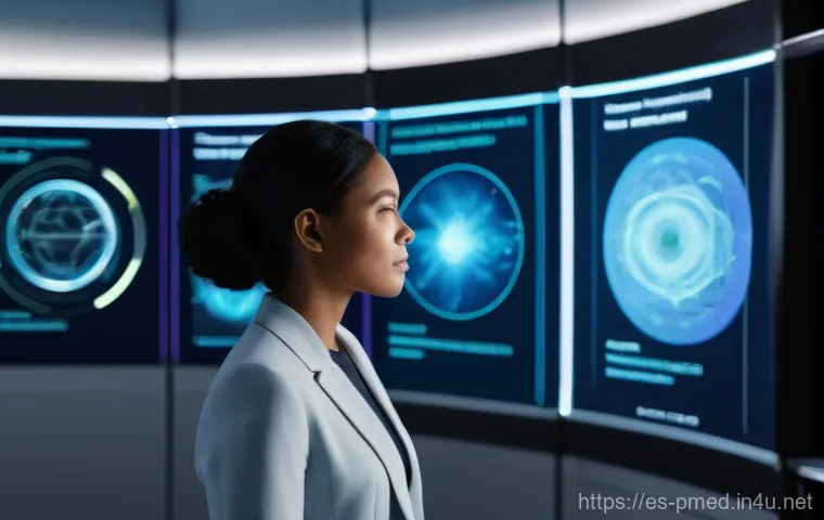 예방의학과 빅데이터 분석 - **Prompt:** "A diverse professional woman in her late 30s stands in a sleek, futuristic personal hea...