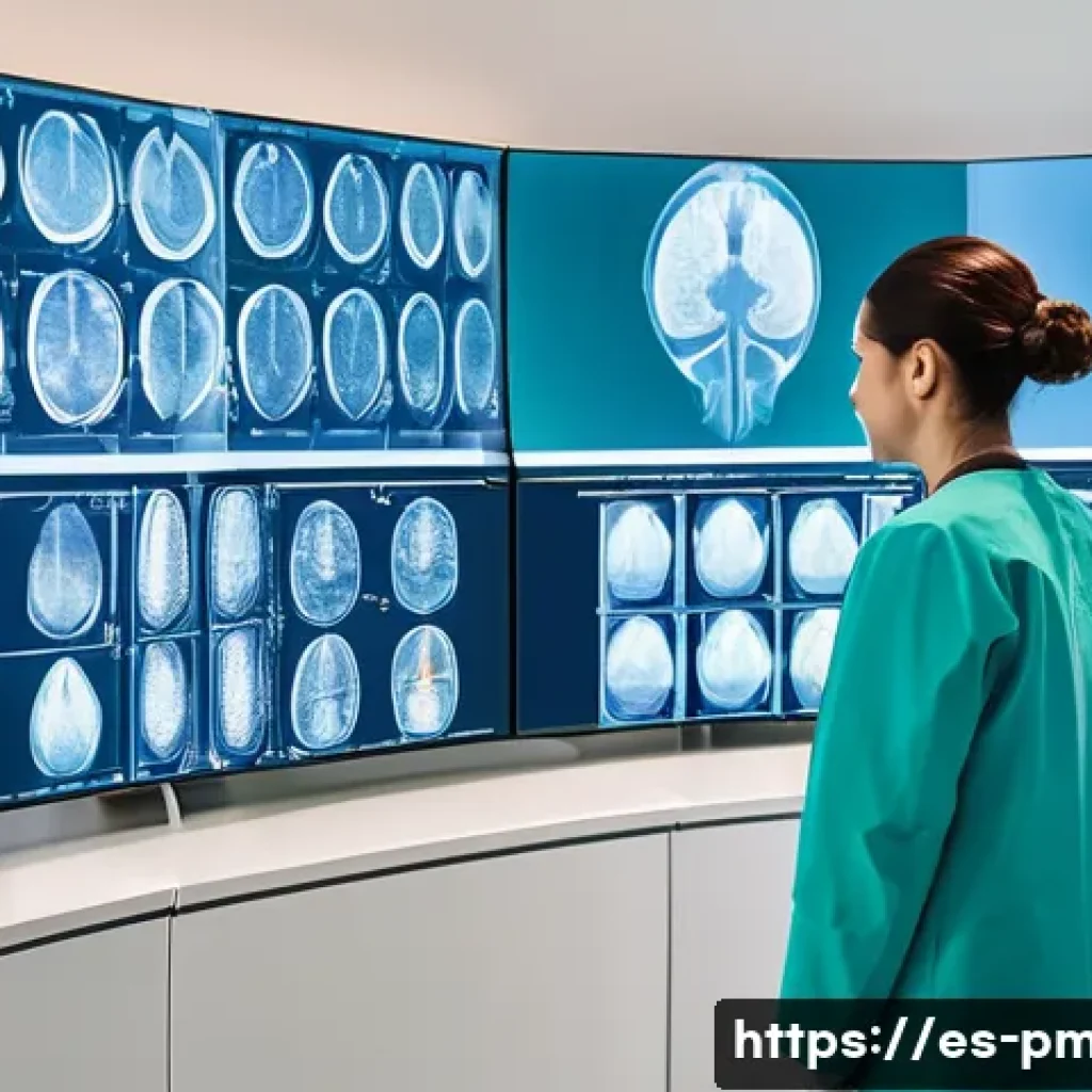 예방의학 전문가의 연말 결산 - A high-tech medical clinic setting in a modern Spanish-speaking urban environment, showing a diverse...