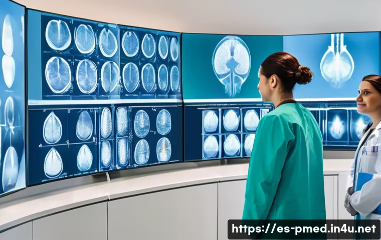 예방의학 전문가의 연말 결산 - A high-tech medical clinic setting in a modern Spanish-speaking urban environment, showing a diverse...