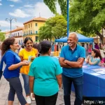 예방의학 현장 실습 체험기 - A vibrant community health fair in a sunny Spanish town plaza, featuring diverse adults and children...