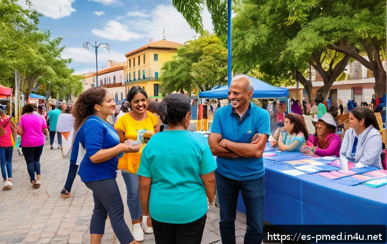 예방의학 현장 실습 체험기 - A vibrant community health fair in a sunny Spanish town plaza, featuring diverse adults and children...