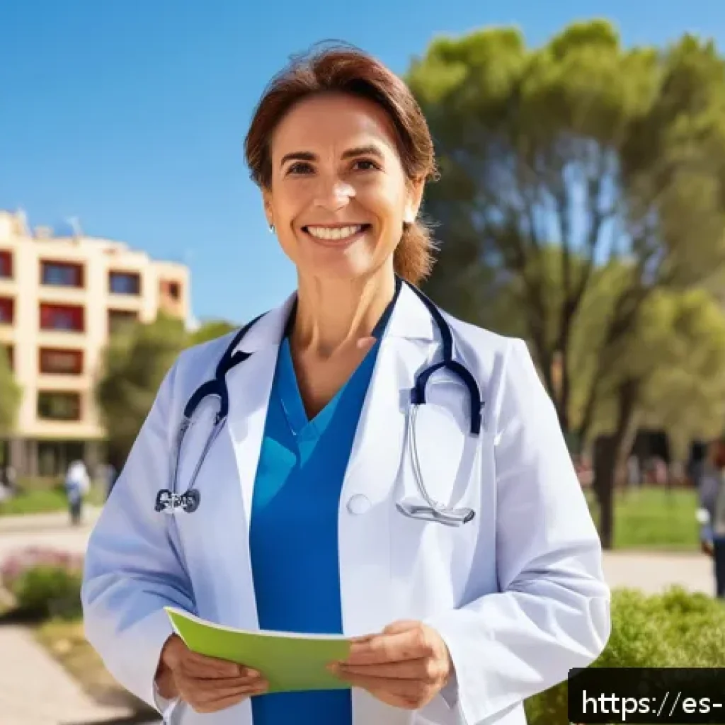 예방의학 이직 성공 사례 - A confident female general practitioner in her early 40s, standing outdoors in a vibrant community p...