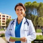 예방의학 이직 성공 사례 - A confident female general practitioner in her early 40s, standing outdoors in a vibrant community p...