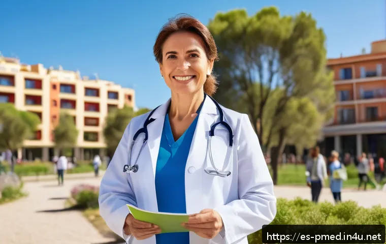 예방의학 이직 성공 사례 - A confident female general practitioner in her early 40s, standing outdoors in a vibrant community p...